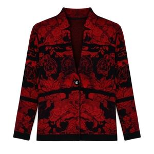Ming Wang Red Black Rose Floral Explosion Knit Cardigan Statement Chic Jacket